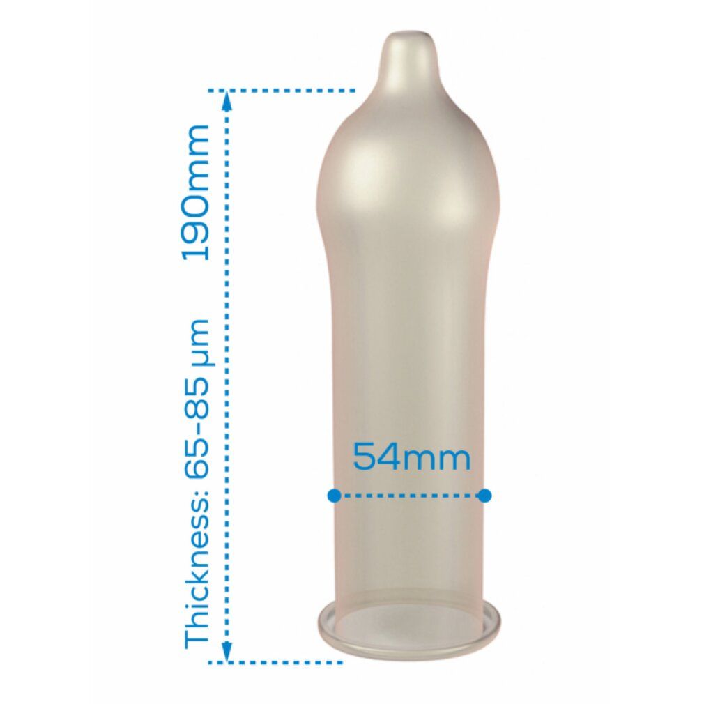 Kondom mit Maßen: 190mm Länge, 54mm Durchmesser, 65-85µm Dicke. Transparentes Material.