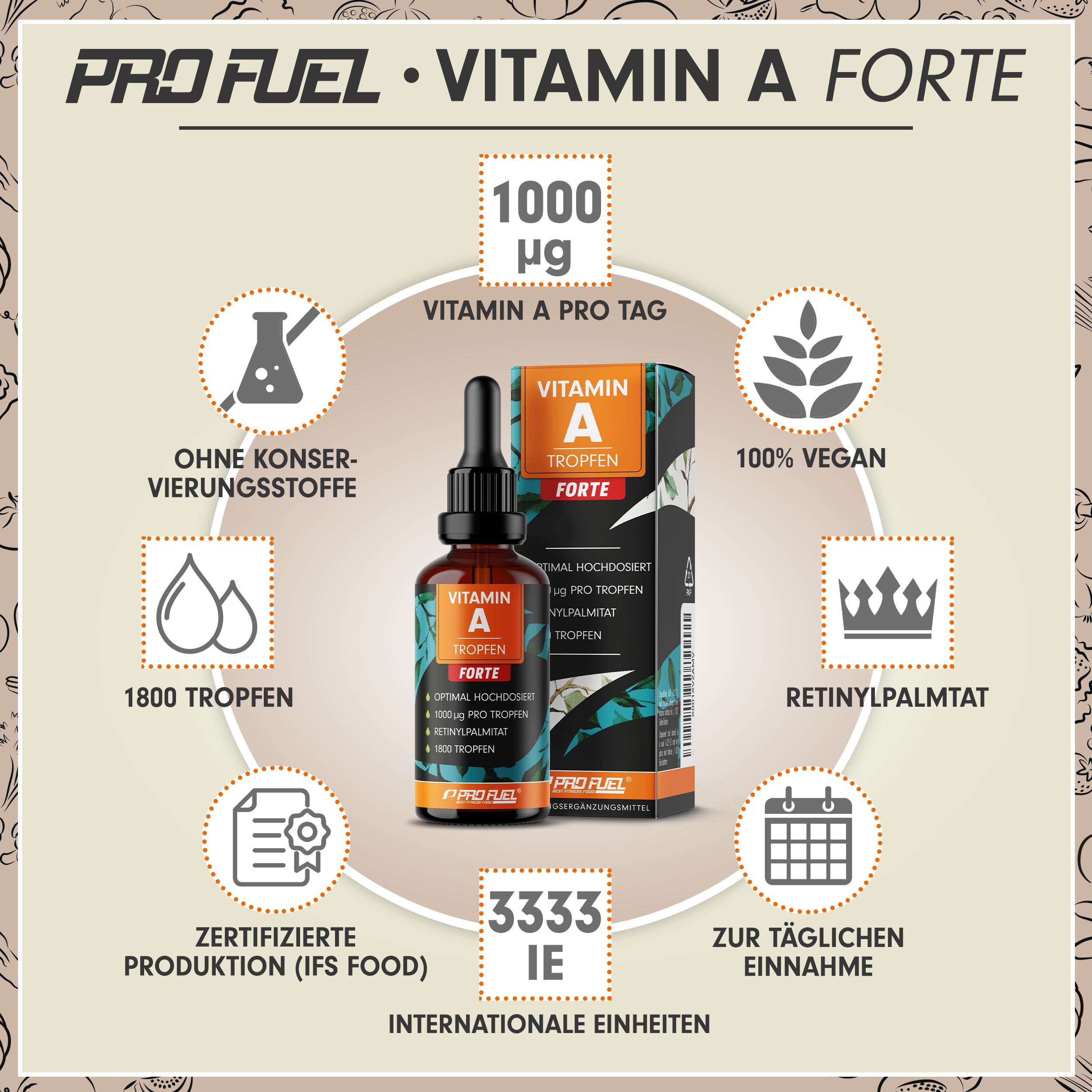 Flasche mit Vitamin A Forte Tropfen, 50ml, 1000 µg Vitamin A pro Tag.