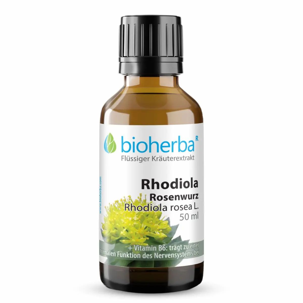 Braune Glasflasche mit schwarzem Deckel. Etikett mit Produktnamen und Logo. Enthält Rhodiola rosea L. Extrakt.
