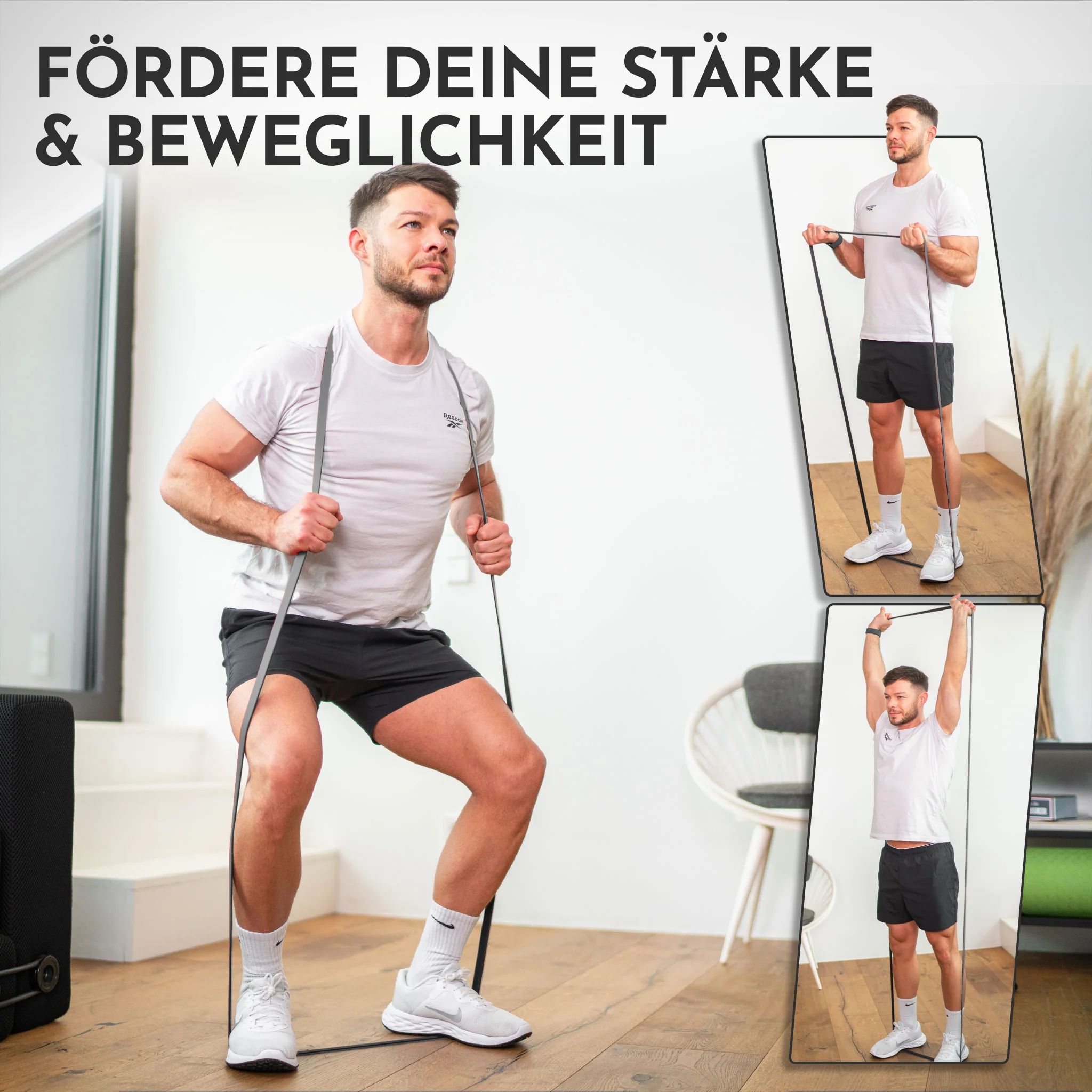 Mann trainiert mit Widerstandsbanden: Kniebeuge, Bizeps-Curls und Überkopf-Strecken.