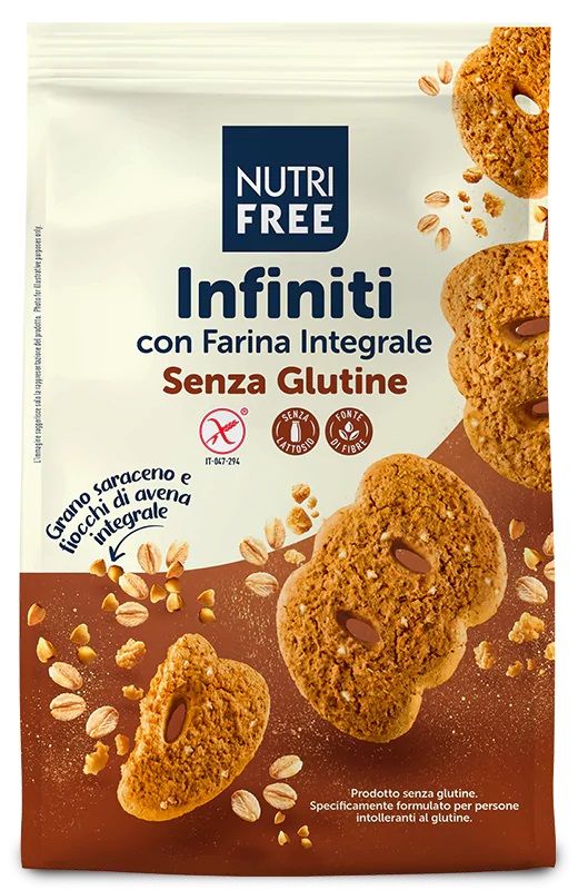 Confezione di biscotti senza glutine Nutrifree Infiniti. La confezione mostra biscotti con fiocchi d'avena e grano saraceno. Sono visibili le scritte "Senza Glutine", "Senza Lattosio" e "Fonte di Fibre".