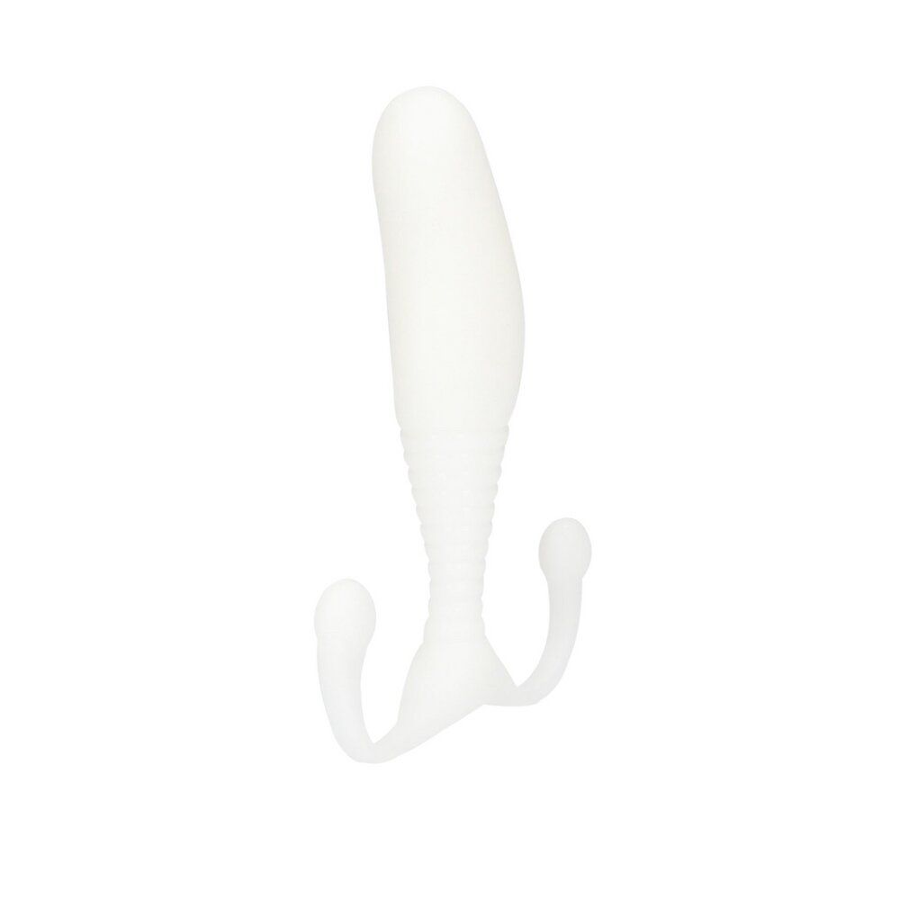 Ein weißer, gebogener G-Punkt-Stimulator mit zwei kleinen Kugeln an den Enden.
