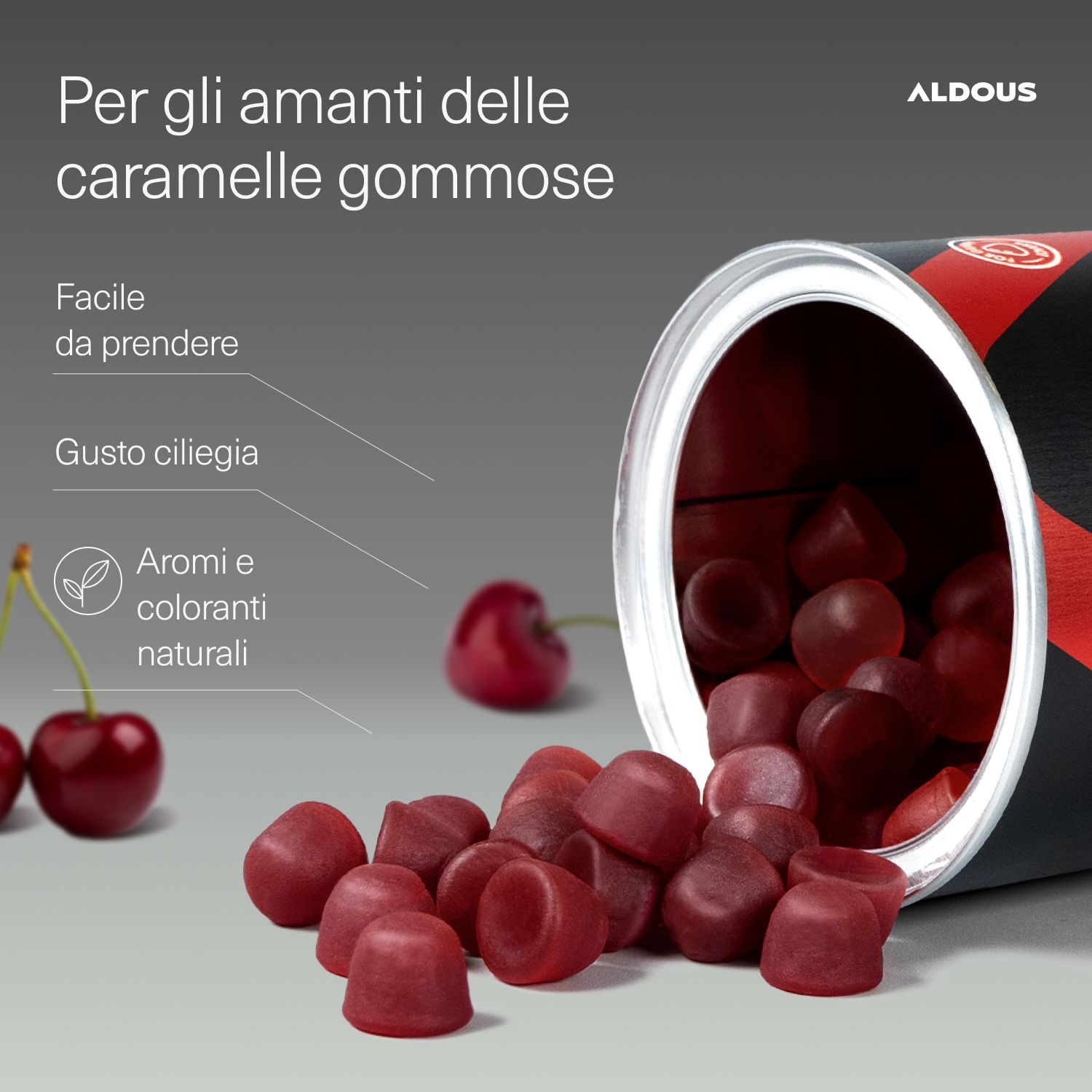 Aldous Ashwagandha Gummies aus Dose, Kirschen, natürliche Aromen.