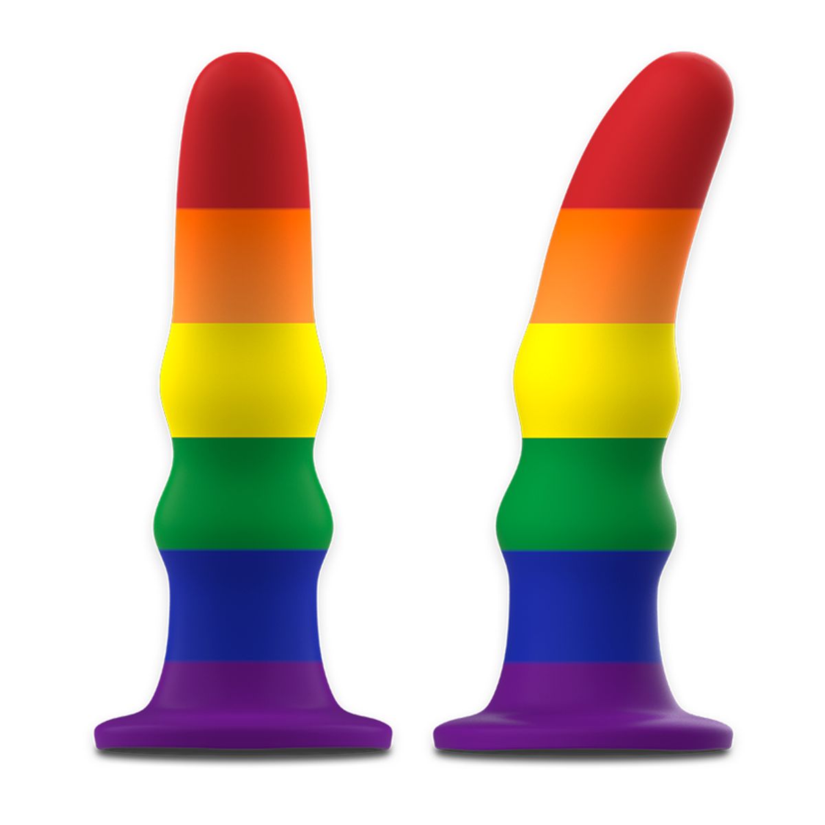 Zwei Regenbogenfarbene Dildos. Beide haben eine abgerundete Form.