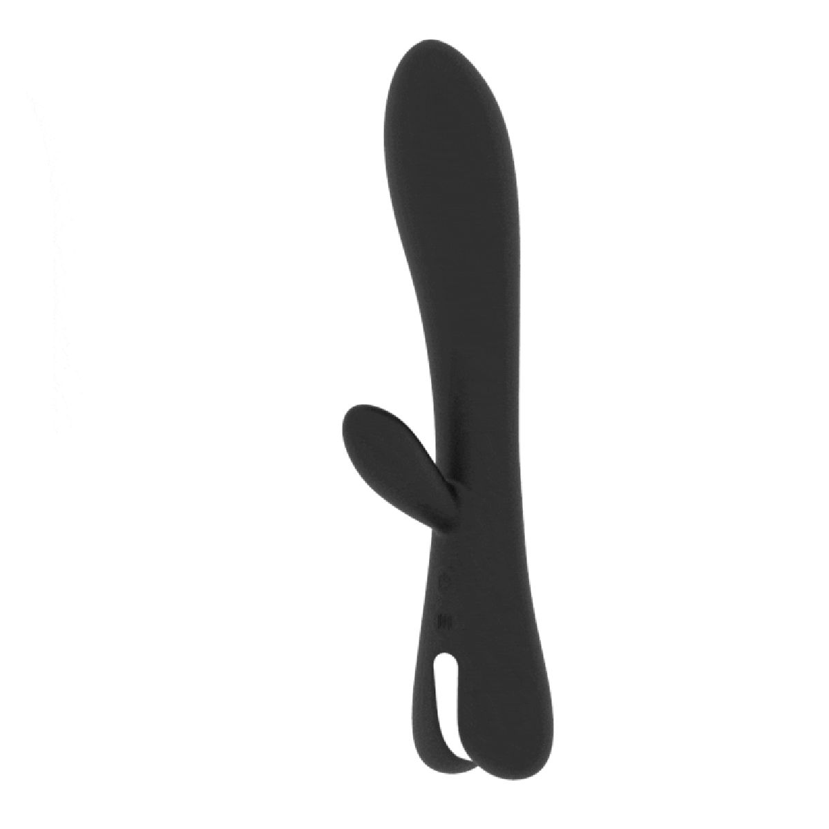 Schwarzer Vibrator mit gebogener Form und einem zusätzlichen Element. Das Produkt hat eine glatte Oberfläche.