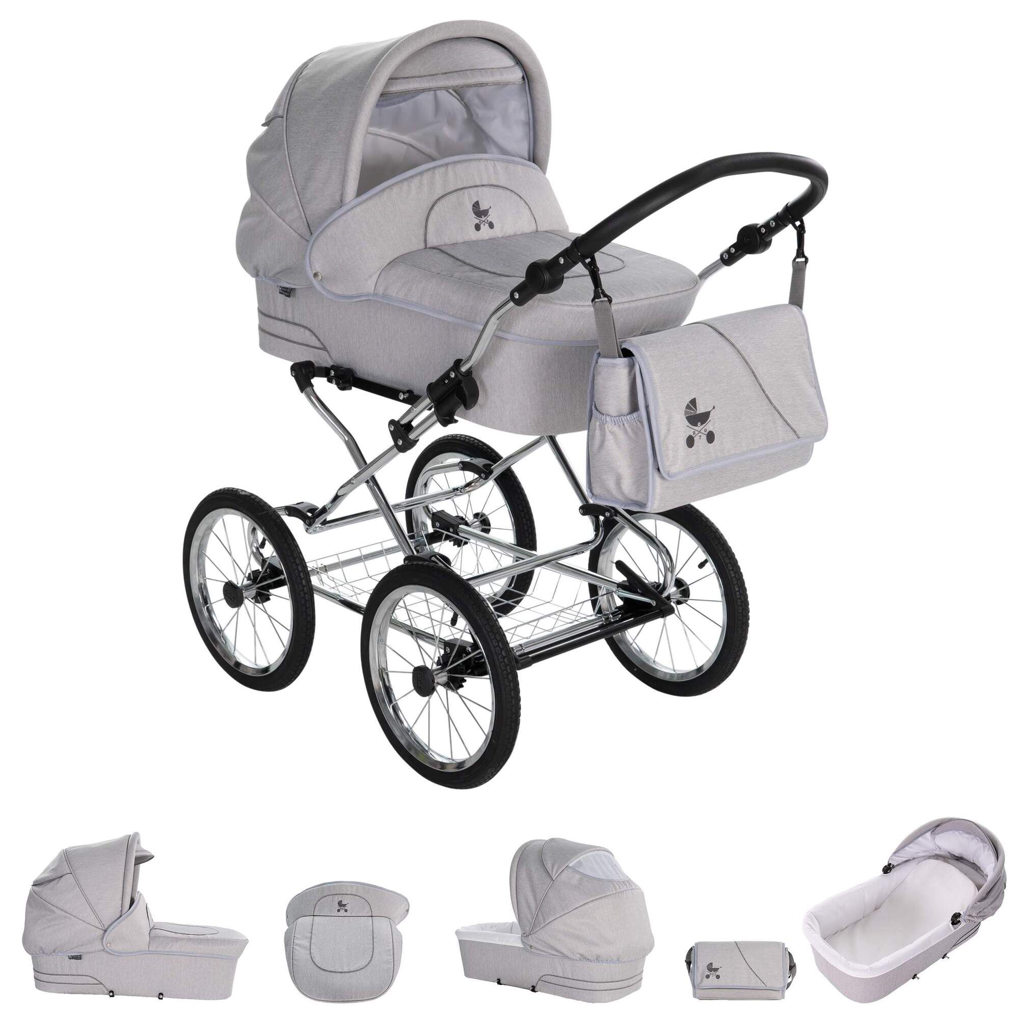 Friedrich Hugo München 4 in 1 Kinderwagen ISOFIX Set, Silbergrau Chrom Schwarz