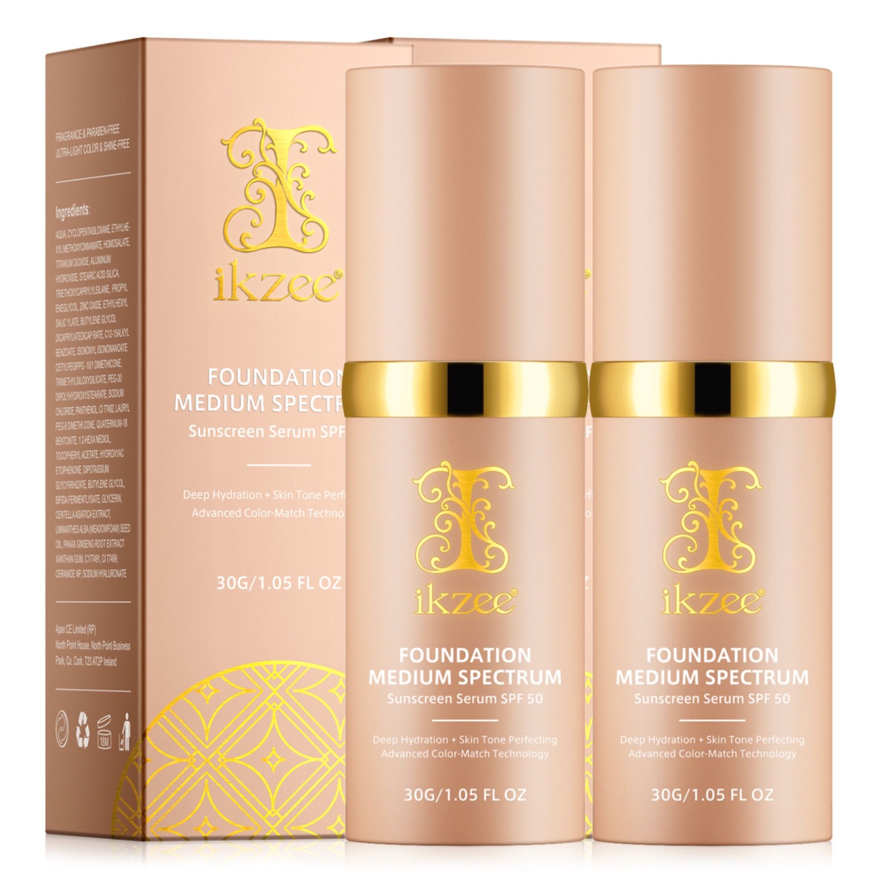 Due flaconi di siero fondotinta SPF 50. Flaconi rosa dorato con dettagli dorati. Scritta: Foundation Medium Spectrum, 30g/1.05 FL OZ.
