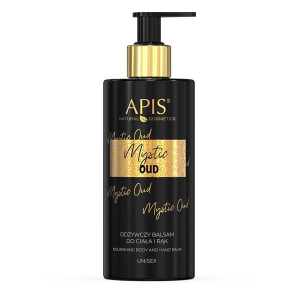 Schwarze Flasche mit goldfarbenem Spender. Aufschrift: APIS, Mystic Oud. Text: Nährende Körper- und Handlotion, Unisex.
