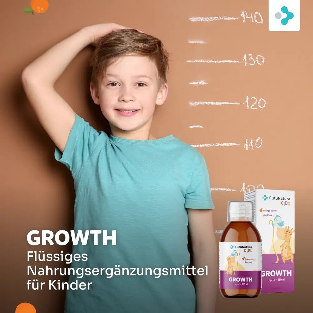 Kind steht vor einer Wachstumstabelle. FutuNatura Kids Growth-Verpackung und Flasche.