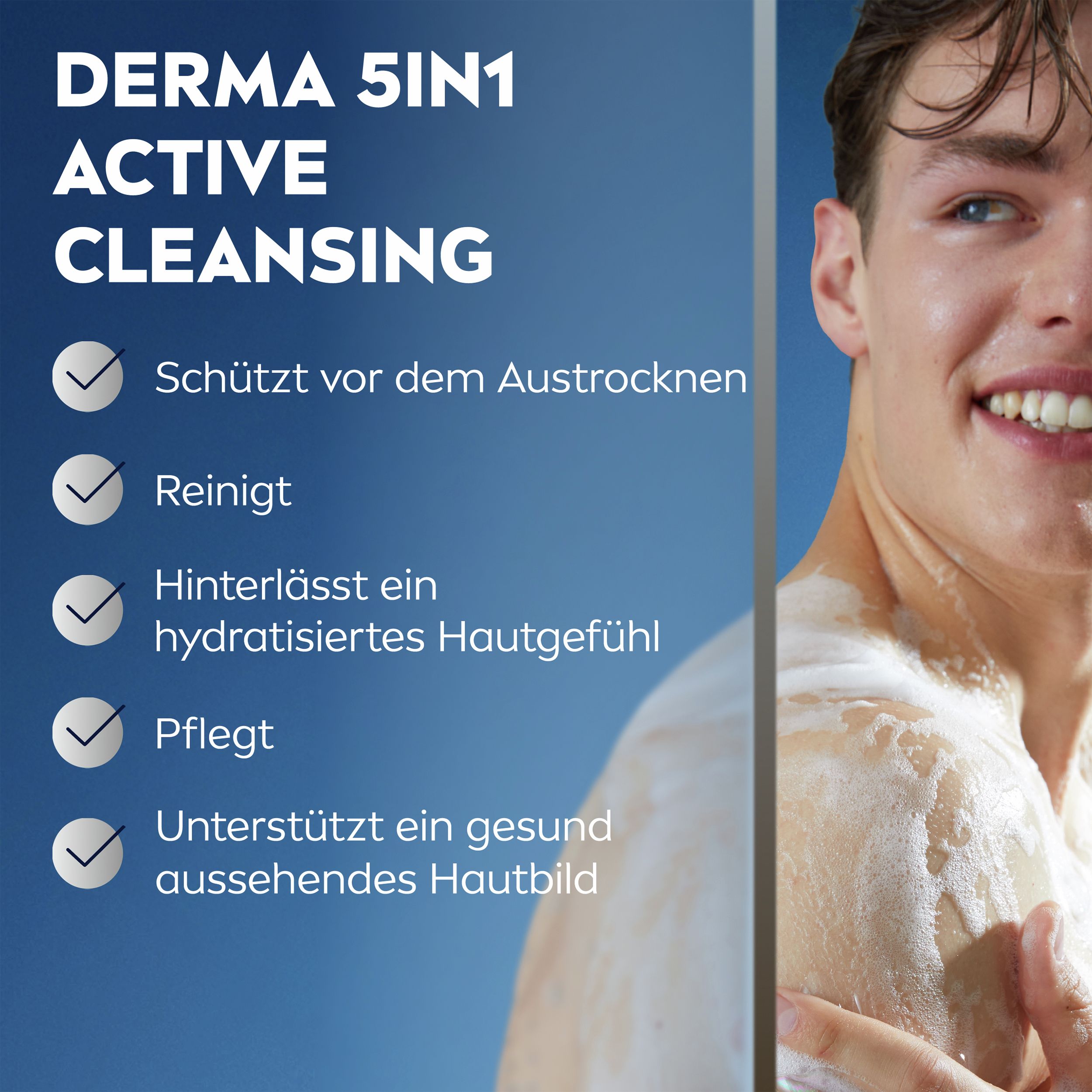 Mann mit Schaum im Gesicht, NIVEA MEN Active Cleansing Duschgel schützt vor Austrocknung.
