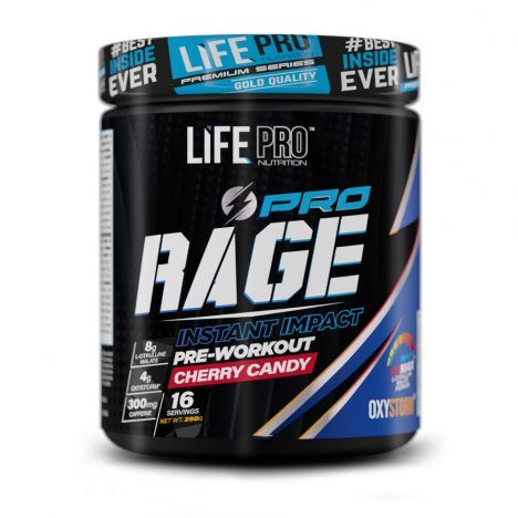 Schwarze Dose mit "LIFE PRO RAGE"-Aufdruck. Enthält "PRE-WORKOUT CHERRY CANDY". Blaue und weiße Akzente. 16 Portionen.