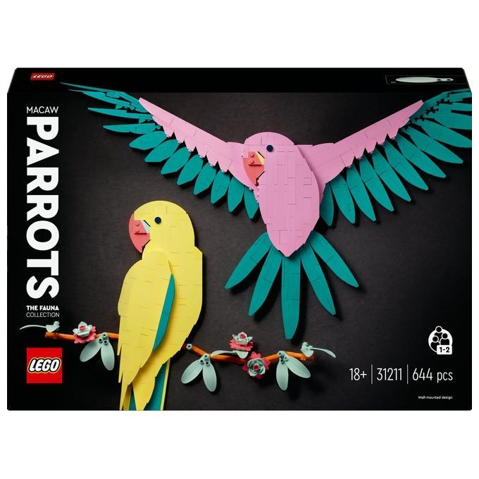 Verpackung mit LEGO Art 31211. Abgebildet sind zwei Papageien aus LEGO-Steinen. Aufschrift: Parrots, The Fauna Collection, 18+, 644 Teile.