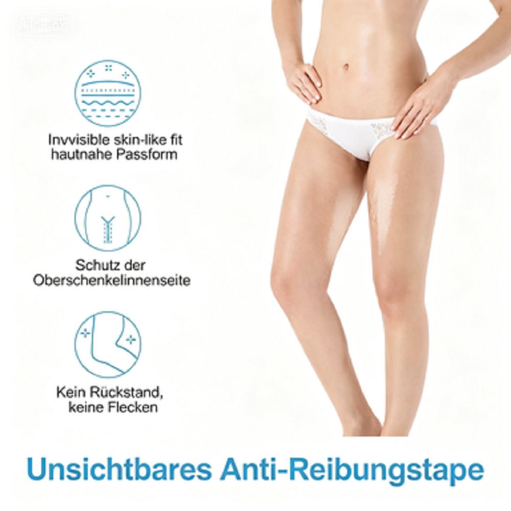 Frau mit weißem Slip. Text: Unsichtbares Anti-Reibungs-Tape. Grafiken: Hautnahe Passform, Schutz der Oberschenkelinnenseite, keine Rückstände.