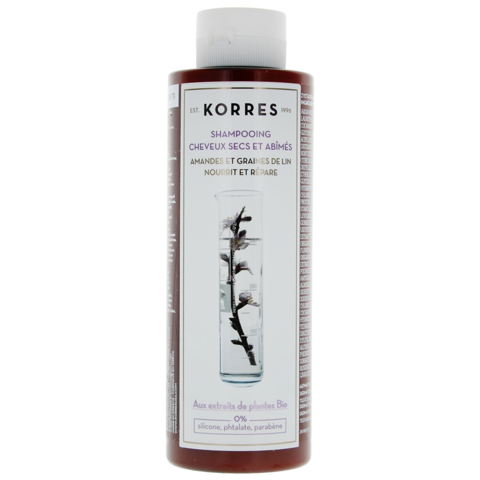 Korres Shampoo für trockene, geschädigte Haare mit Mandel und Leinsamen. Flasche mit botanischer Grafik.