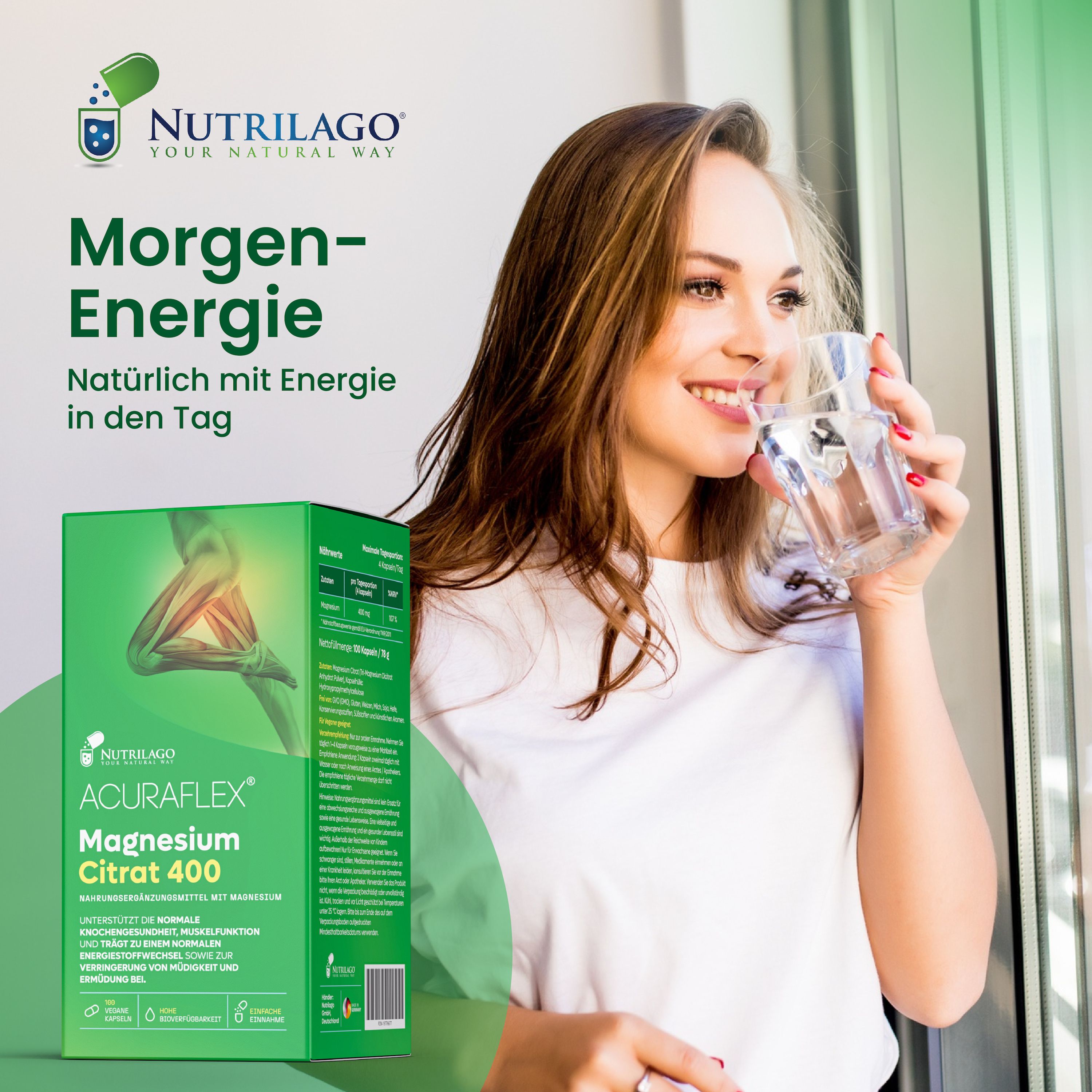 Frau trinkt Wasser. Neben ihr: ACURAFLEX Magnesium Citrat 400 in Flasche und Schachtel. Text: Morgen-Energie. Logo von Nutrilago.