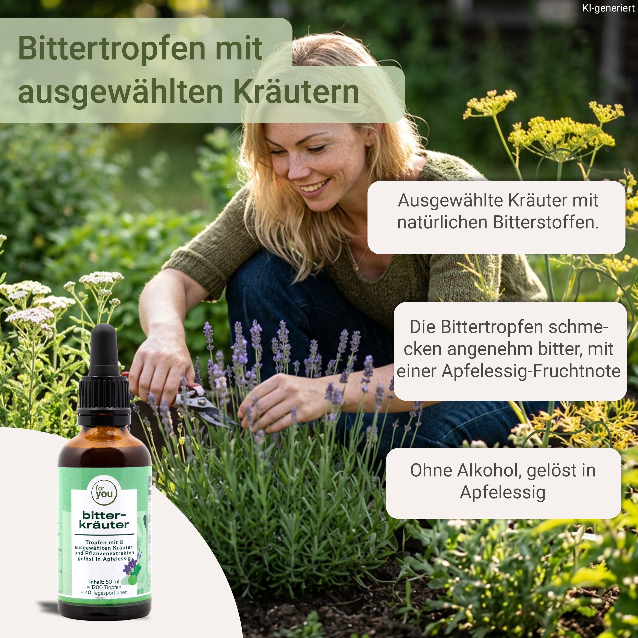 Braune Tropfflasche mit grünem Etikett "Bitter Kräuter" neben einer Frau, die Kräuter schneidet.