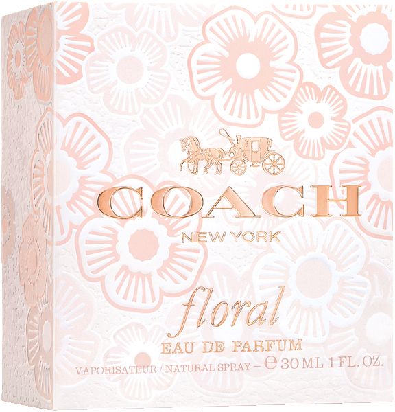 Coach Floral Eau de Parfum Spray. Verpackung mit floralem Muster und Markenlogo. Text: Coach, New York, floral, Eau de Parfum.