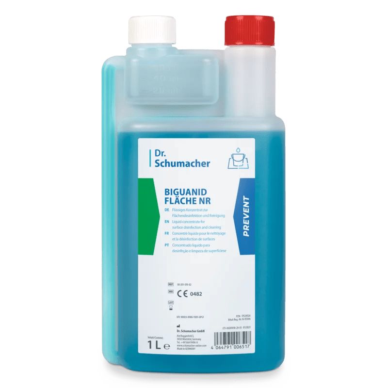 Flächendesinfektion, blaue Flüssigkeit in Flasche. Aufschrift: Dr. Schumacher Biguanid Fläche NR. 1 Liter.