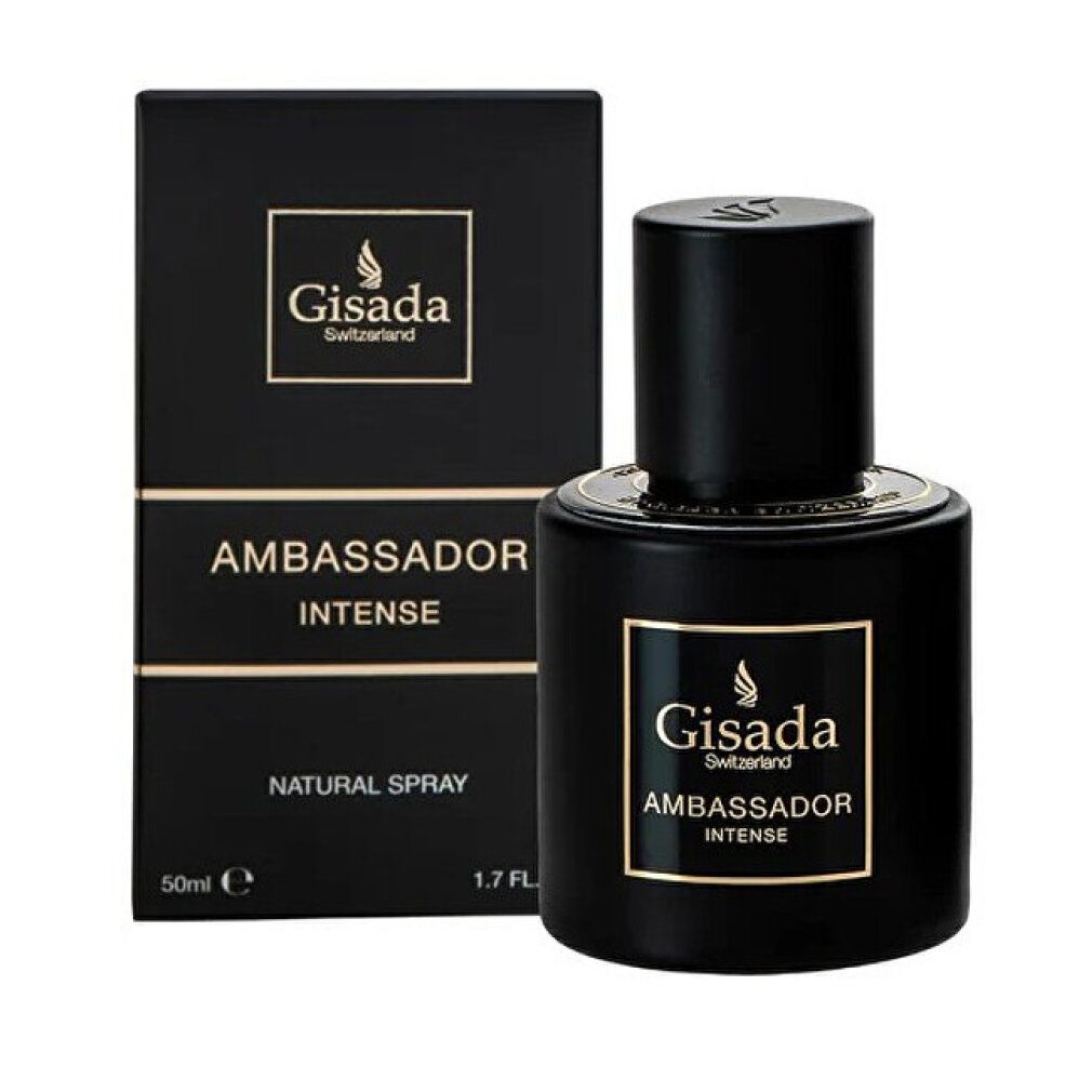 Schwarzer Flakon und Schachtel. Aufschrift: Gisada Ambassador Intense. Natürliches Spray. Goldene Schrift.