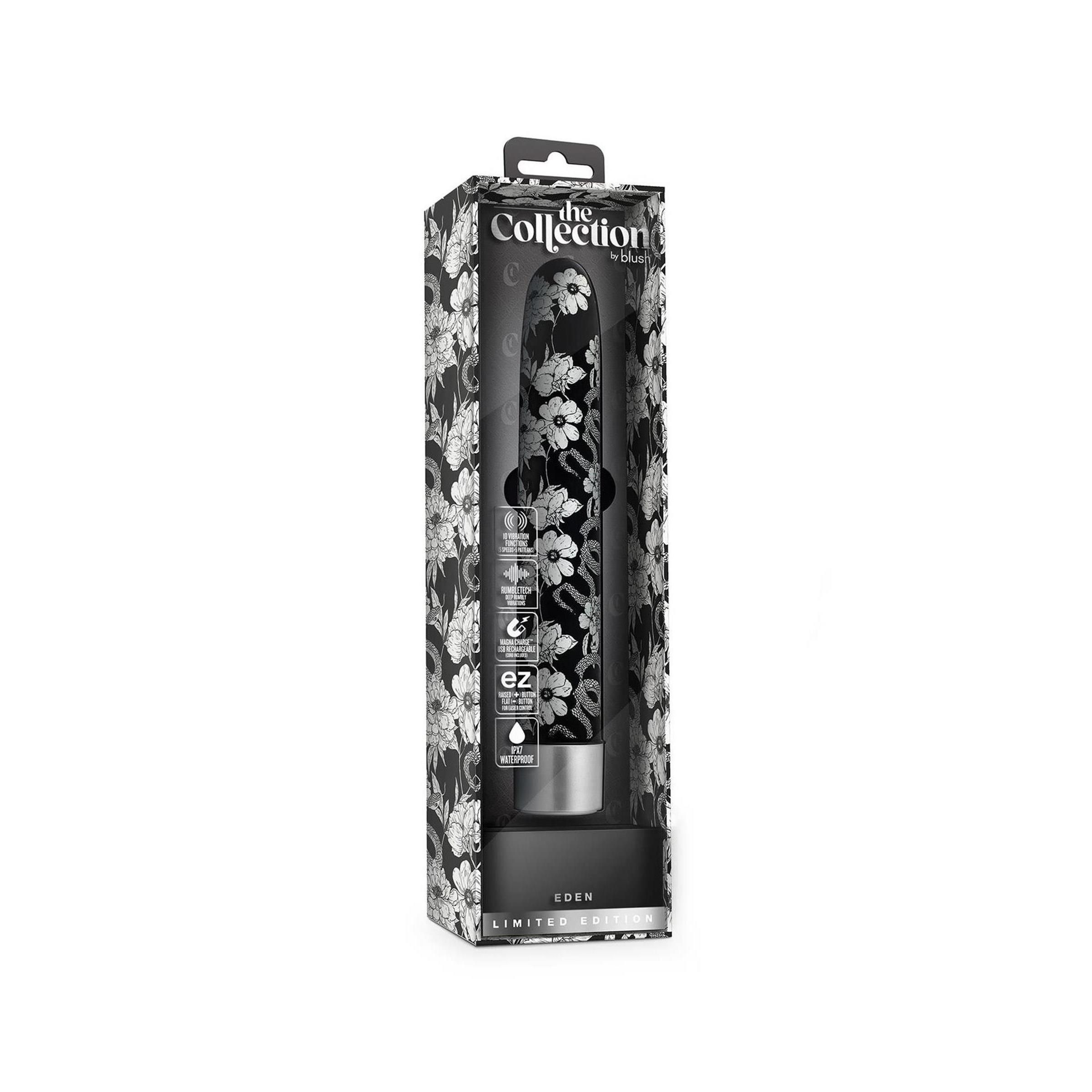 Verpackung mit Wellness-Produkt. Schwarzes Blumenmuster, silberfarbener Abschluss. Text: THE COLLECTION, EDEN.