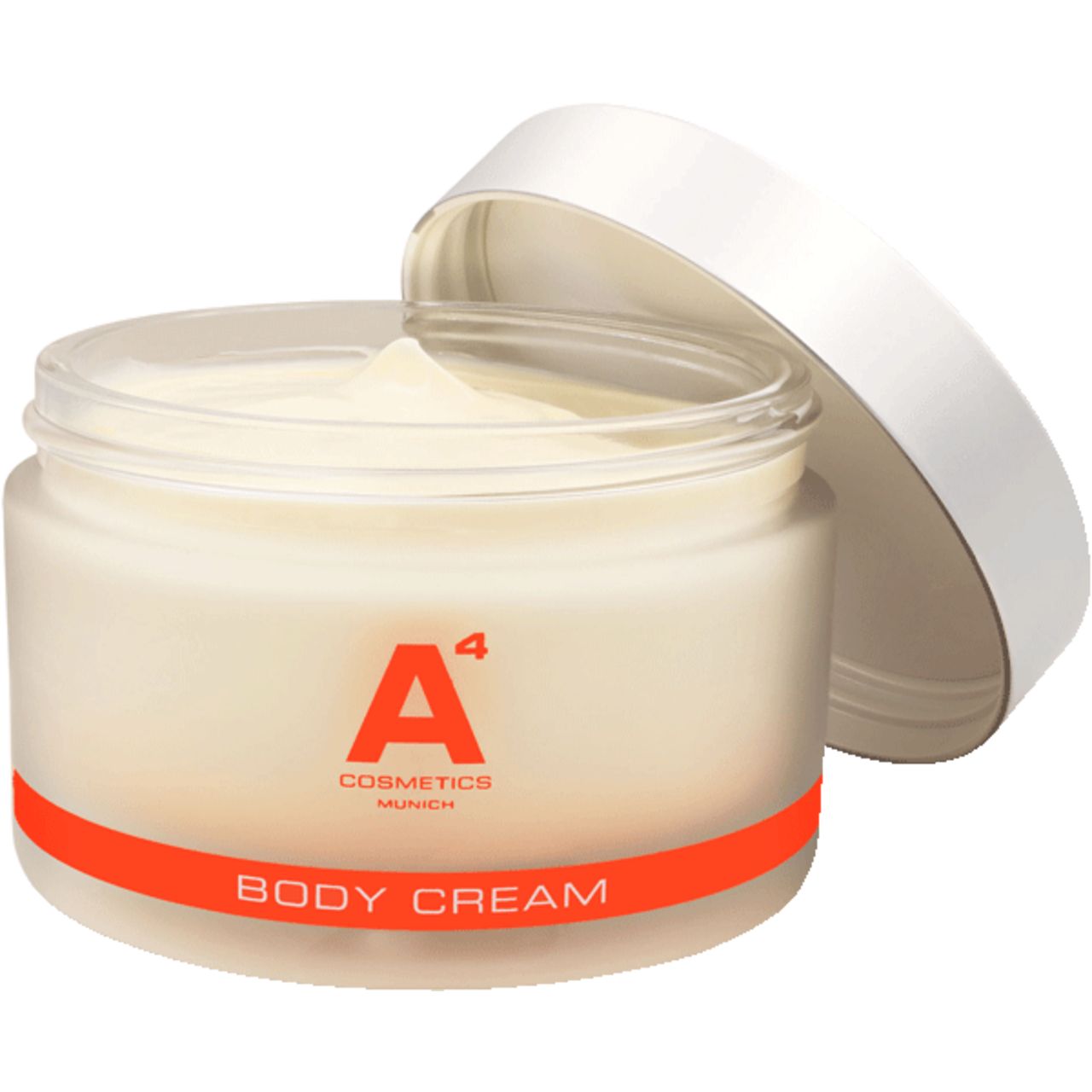 Geöffnete Creme-Dose mit weißer Creme. Aufschrift: A4 Cosmetics, Body Cream. Orangefarbener Streifen.