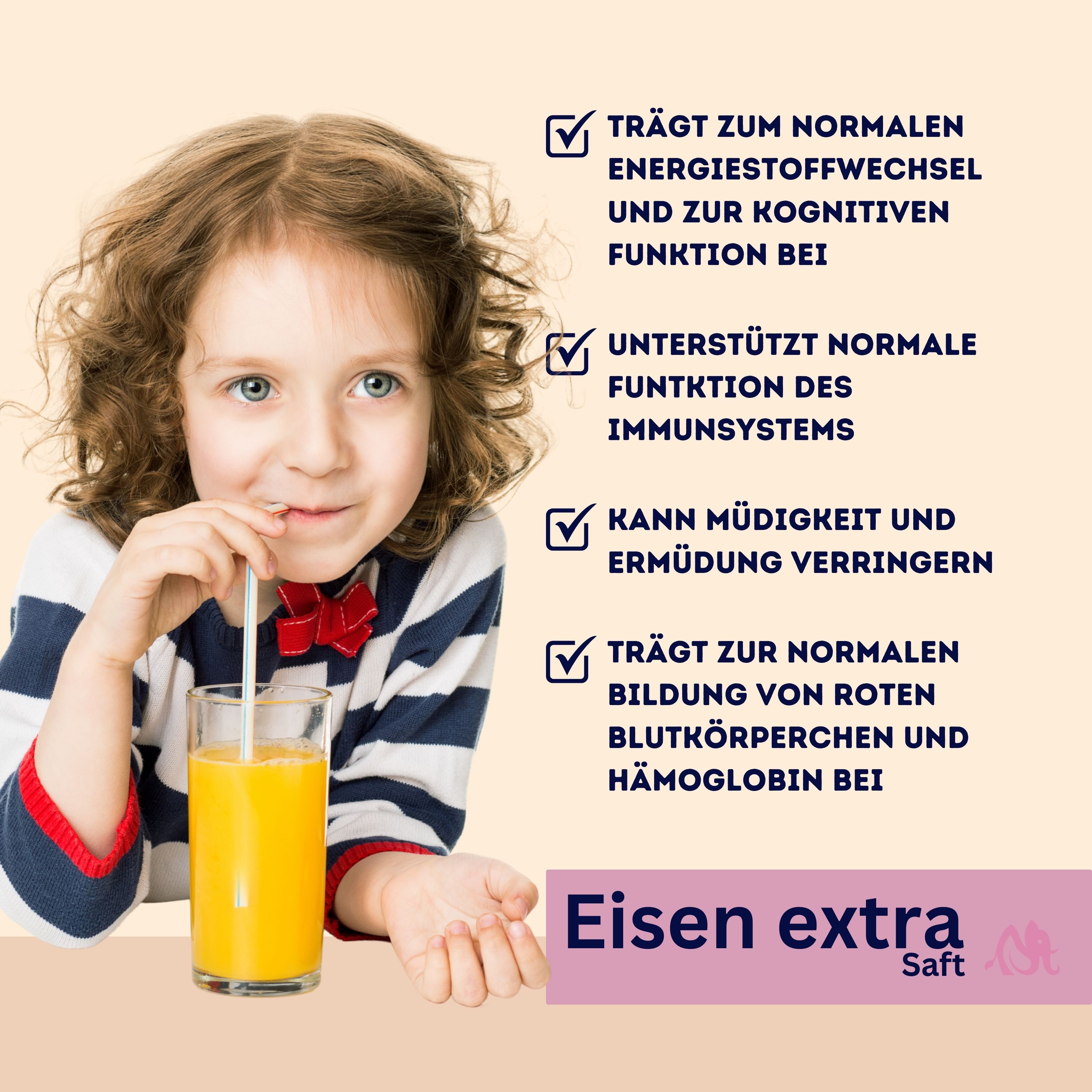 Kind trinkt Saft. Text: Trägt zum normalen Energiestoffwechsel bei, unterstützt die Immunfunktion, kann Müdigkeit verringern, etc. Produkt: Eisen extra Saft.