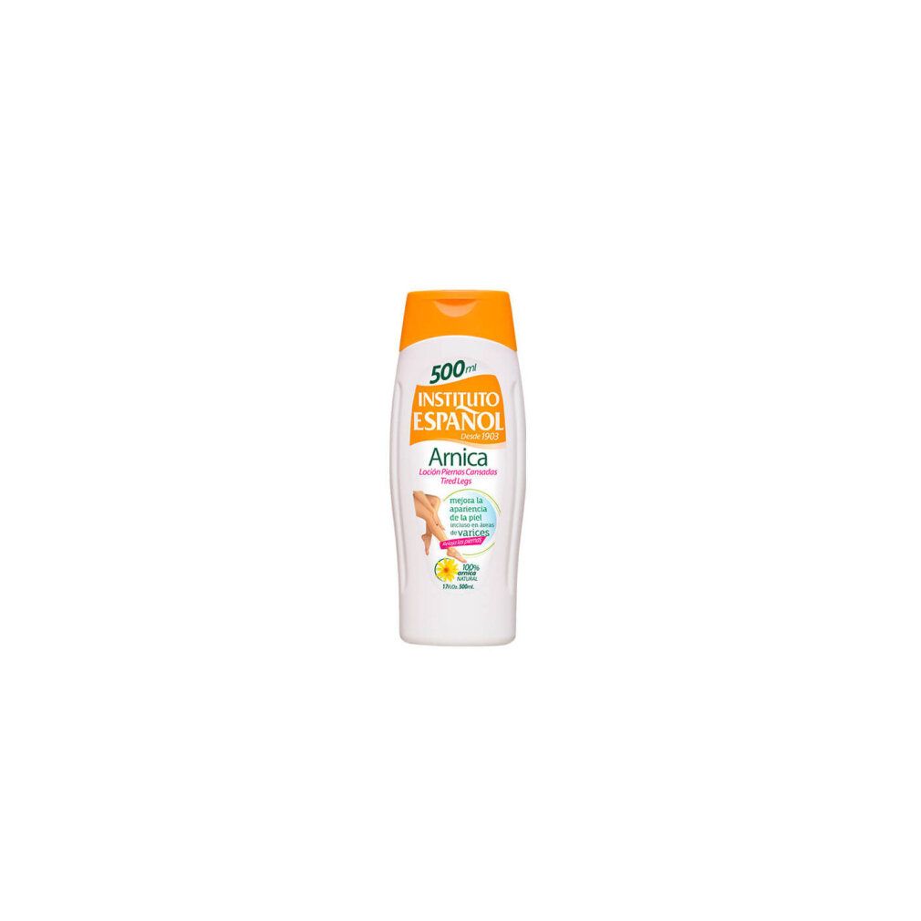 Flasche mit gelbem Deckel. Aufschrift: Instituto Español Arnica, Lotion für müde Beine. Enthält 100% natürliches Arnika.