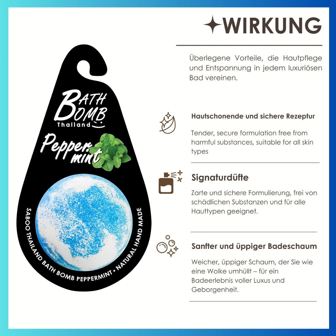 Blaue Badebombe mit Pfefferminz-Motiv. Schwarzes Etikett mit Produktnamen und Logo. Wirkung beschrieben.