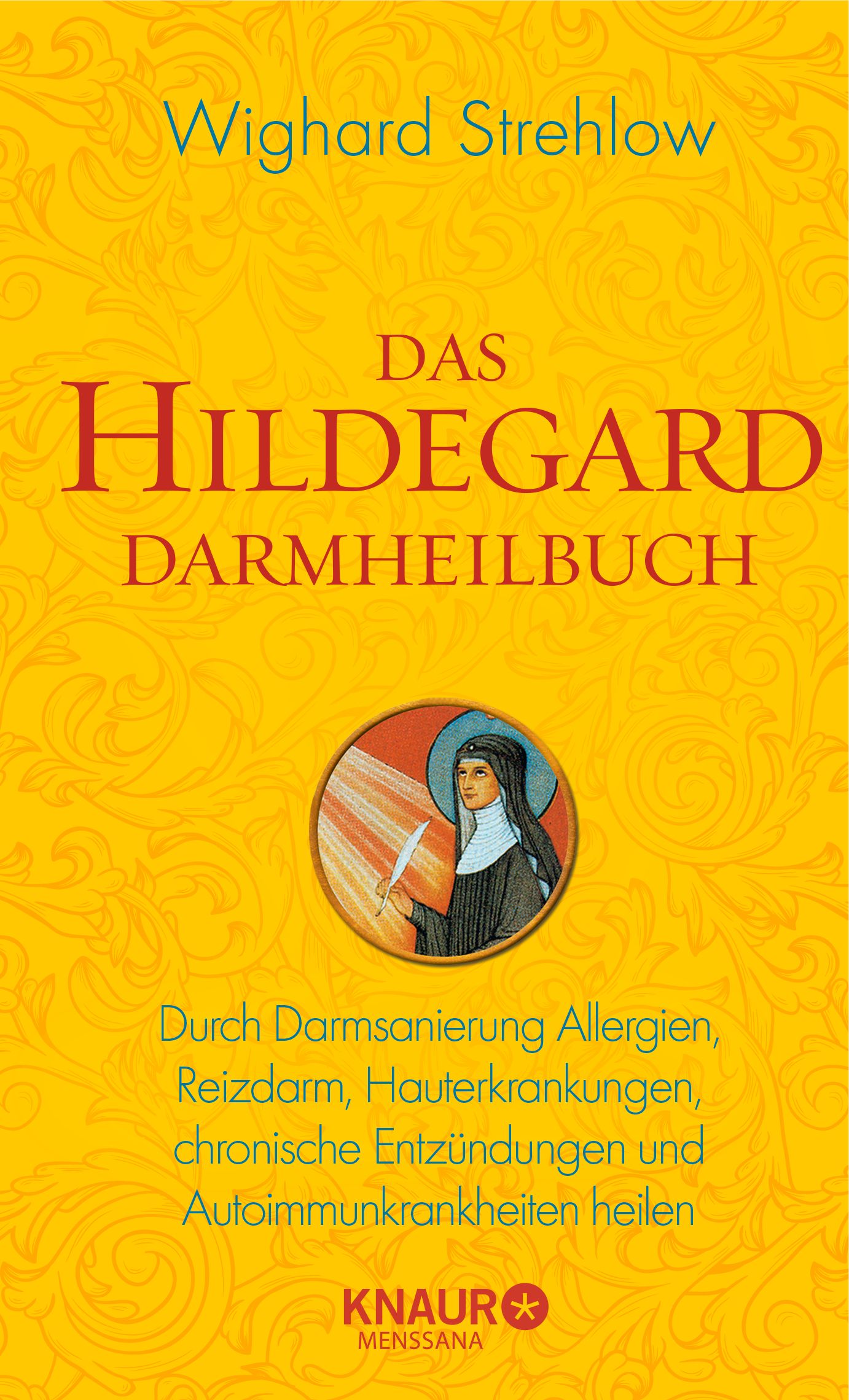 Buchcover: "Das Hildegard Darmheilbuch". Autor: Wighard Strehlow. Gelber Hintergrund, Illustration von Hildegard von Bingen.