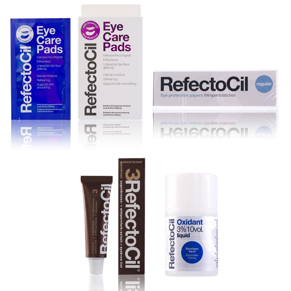 Refectocil Wimpernfarbe naturbraun 3 & Oxidant flüssig 3% Wimpernblättchen Eye Care Pads Set 15 ml Creme