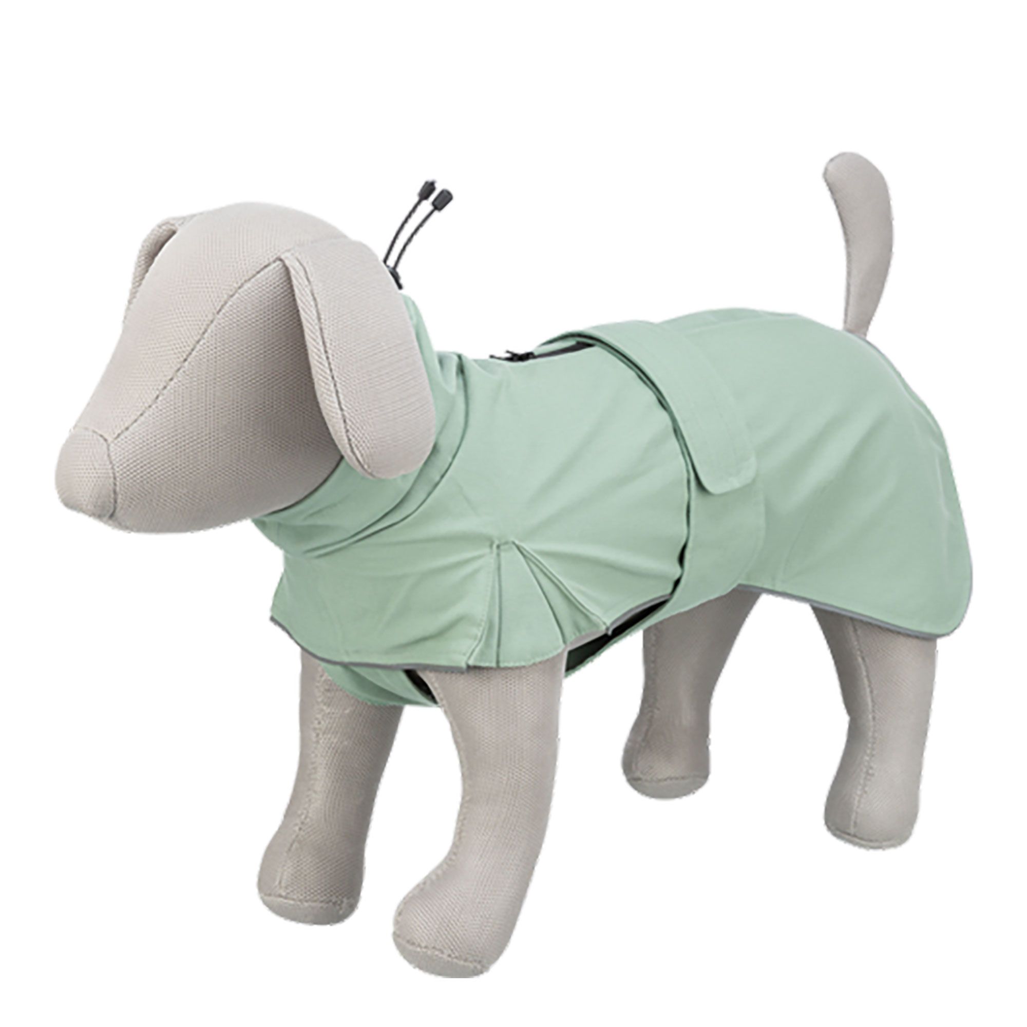 Hellgrüner Hunderegenmantel. Mit Kapuze, Klettverschluss und reflektierenden Elementen. Auf einem Stoffhundmodell präsentiert.