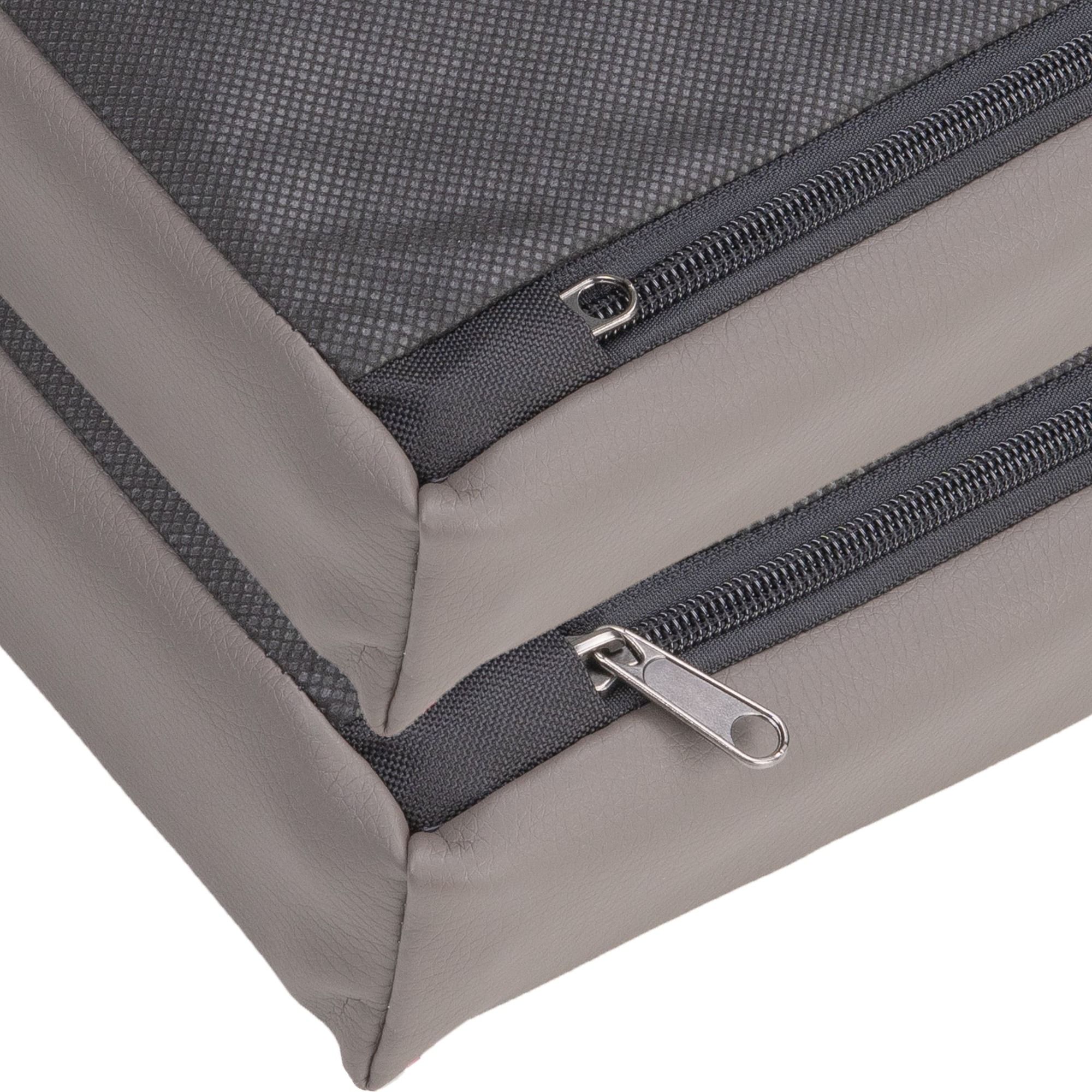 Hundebett, Kunstleder, Farbe Taupe. Reißverschluss-Detail. Graues Netzgewebe. Metall-Reißverschluss.