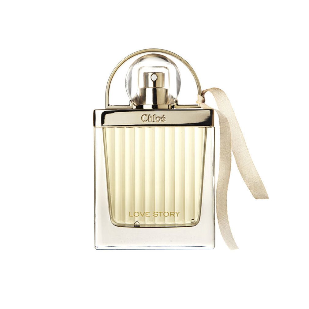 Parfümflasche. Aufschrift: Love Story, Chloé. Flasche mit goldfarbenem Verschluss und Band.