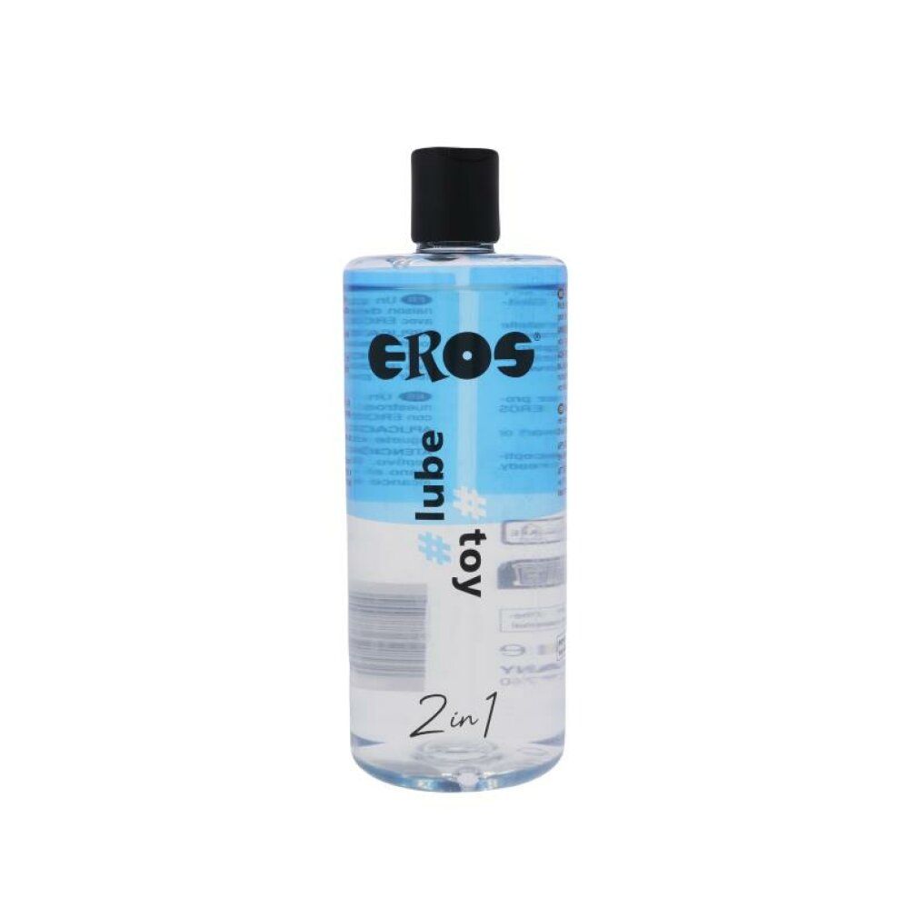 Flasche mit blauem und transparentem Inhalt. Aufschrift EROS, #lube, #toy, 2in1. Schwarzer Deckel.