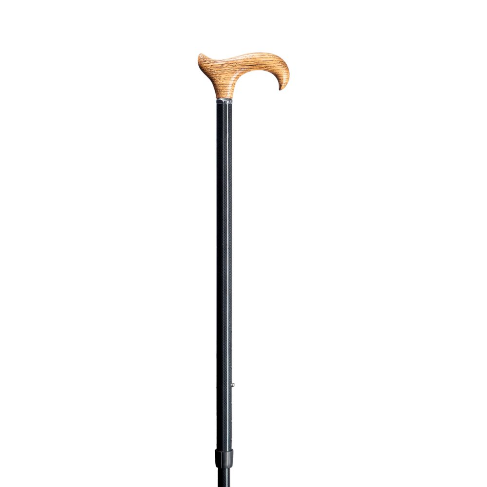Gehstock mit Holzgriff und schwarzem Schaft. Der Griff ist gebogen und hellbraun. Der Schaft ist gerade.
