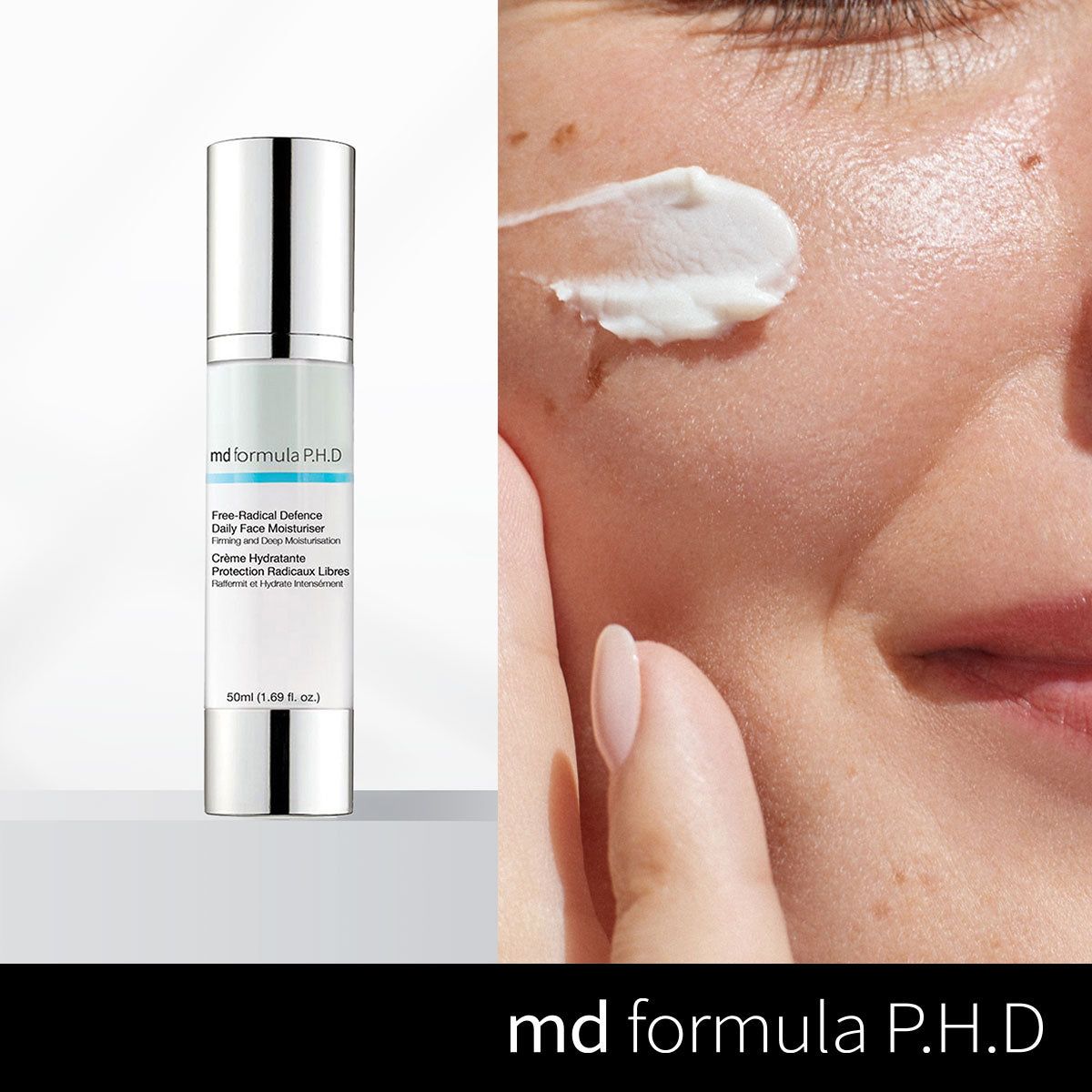 Produktflasche neben Gesicht mit Creme. Flasche: MD formula P.H.D Free-Radical Defence Daily Face Moisturiser. Creme auf Haut.