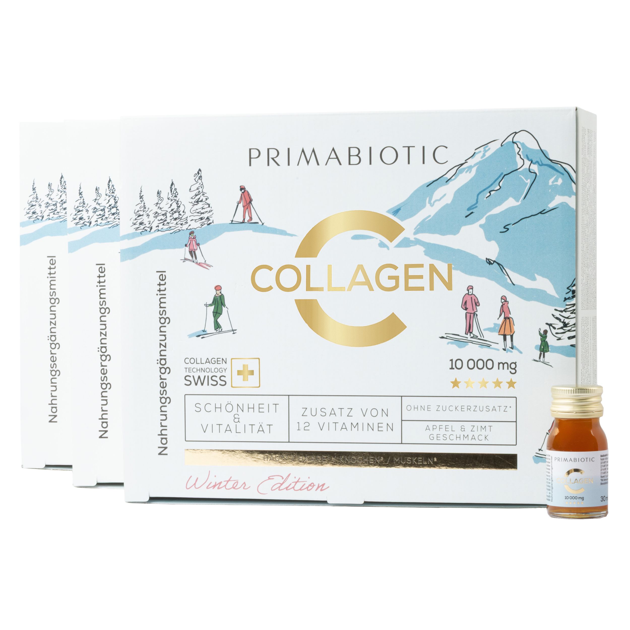 Zwei Boxen mit PRIMABIOTIC COLLAGEN. Text: 10.000 mg, Winter Edition. Eine Flasche daneben.