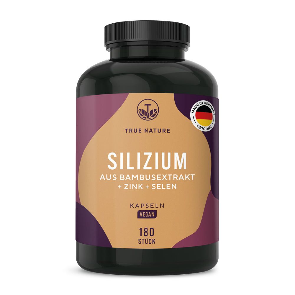 Dunkler Behälter mit TRUE NATURE Silizium Kapseln, 180 Stück, vegan. Mit Bambusextrakt, Zink und Selen.