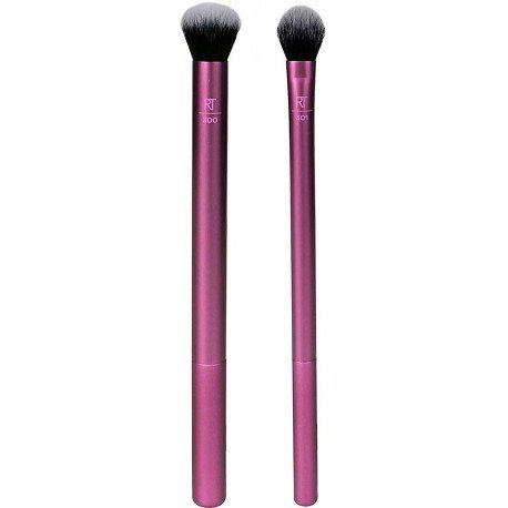 Zwei Make-up Pinsel mit lila Griffen und schwarzen Borsten. Runde und flache Form.