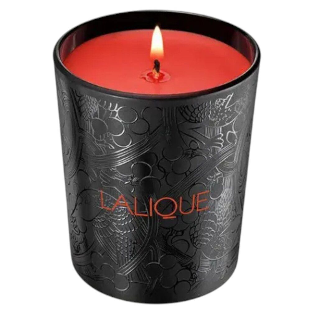 Schwarze Verpackung mit rotem Rahmen und Text. Der Text beinhaltet LALIQUE und LES VENDANGES SAINT-EMILION.