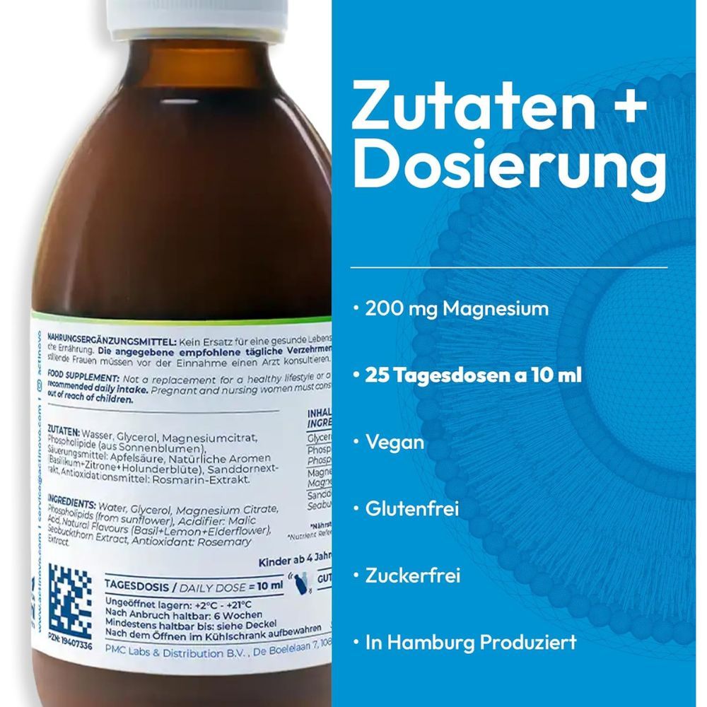 Etikett mit Zutaten und Dosierung. 200 mg Magnesium, 25 Tagesdosen. Vegan, glutenfrei, zuckerfrei. Hergestellt in Hamburg.