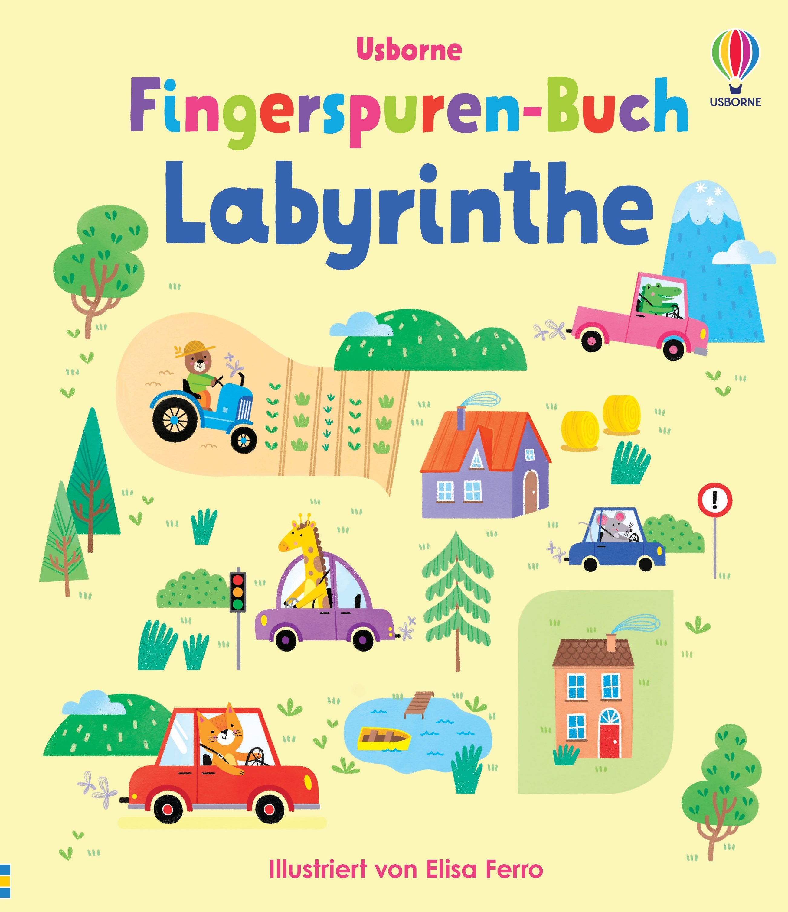 Buchcover mit Titel "Fingerspuren-Buch Labyrinthe" und Illustrationen von Autos, Tieren und Häusern. Marke Usborne.