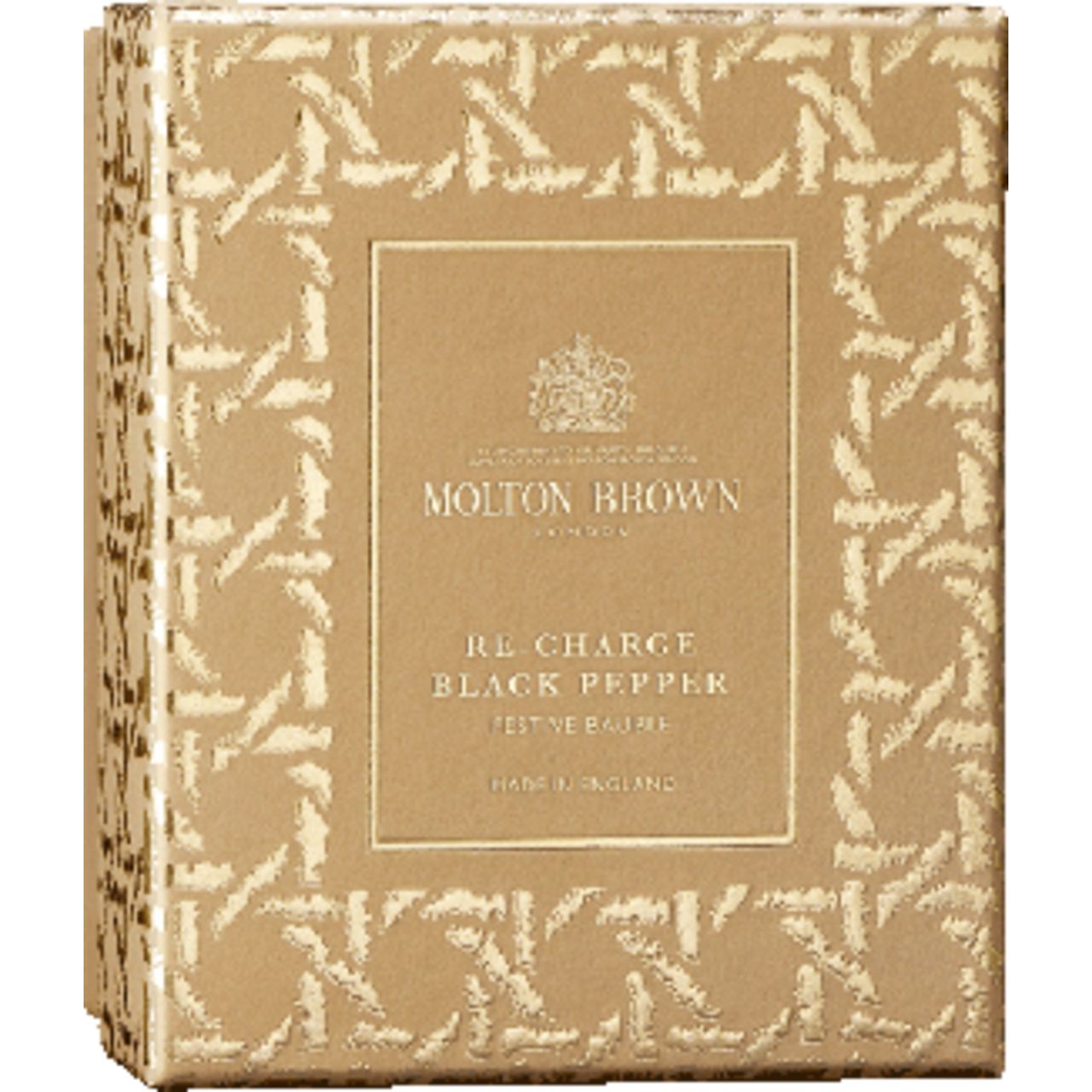 Goldfarbene Verpackung mit Aufschrift: Molton Brown London, Re-Charge Black Pepper Festive Bauble. Dekoratives Muster.