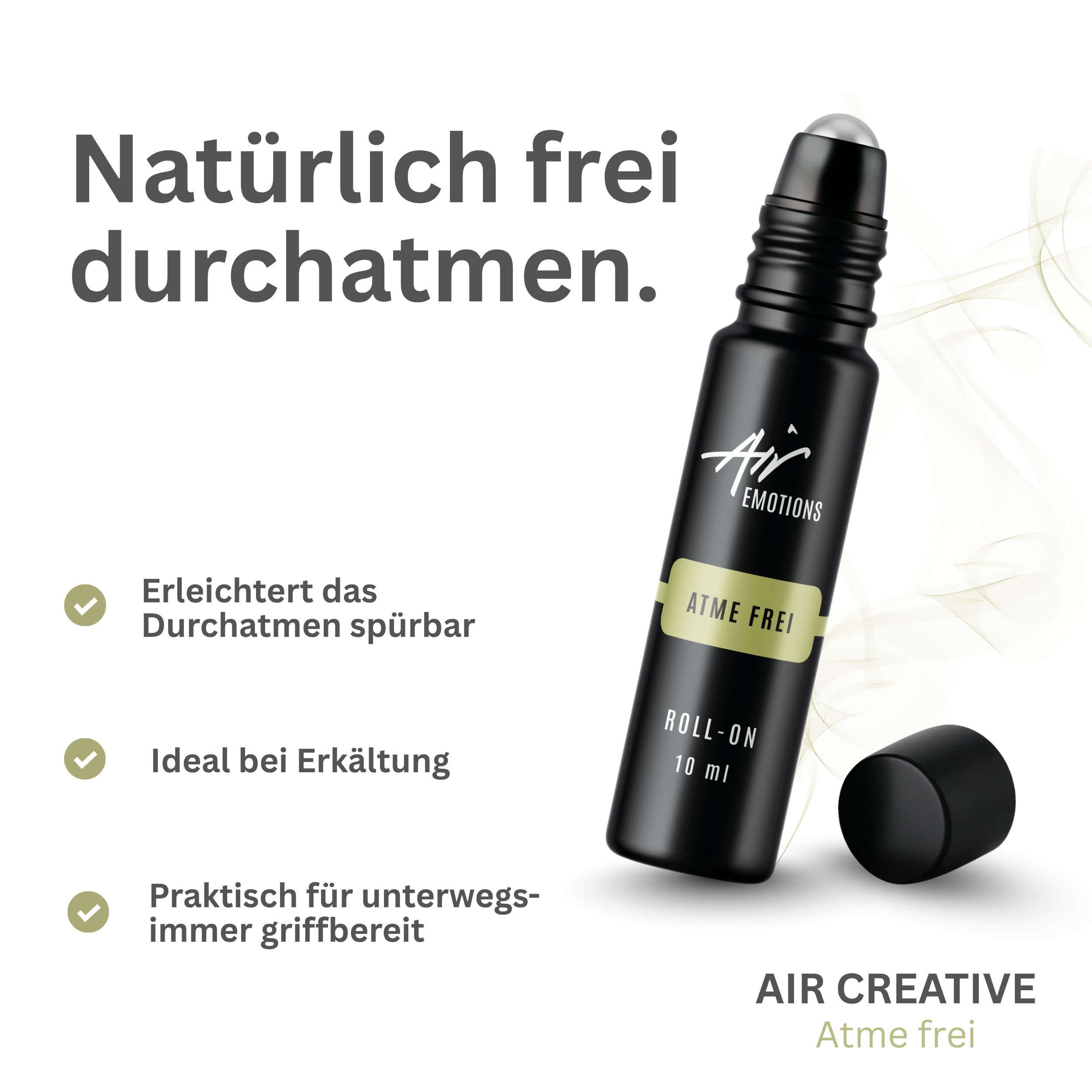 Schwarze Roll-On-Flasche mit silberner Kugel und schwarzem Deckel. Aufschrift: ATME FREI, ROLL-ON, Air Emotions.