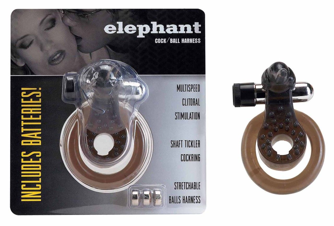 Cock & Ball Ring Elephant, transparent, in Blisterverpackung. Batterien enthalten. Produktname und Eigenschaften auf der Verpackung.