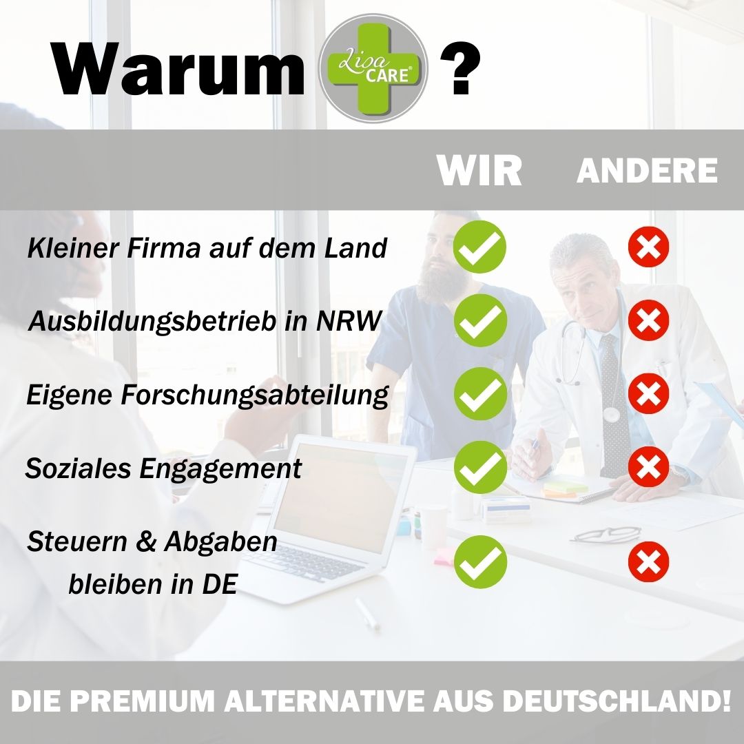 Vergleich: Warum LisaCare? Vorteile: Kleine Firma, Ausbildung, Forschung, soziales Engagement, Steuern in DE.