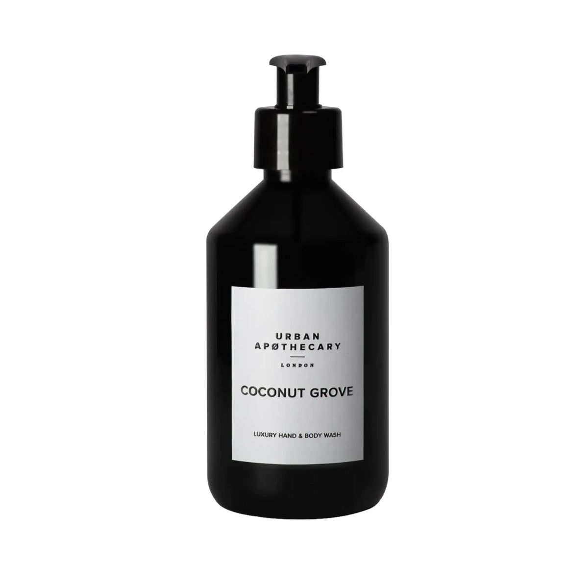 Schwarze Flasche mit Pumpe. Aufkleber mit "Urban Apothecary London" und "Coconut Grove". Luxus Hand & Body Wash.
