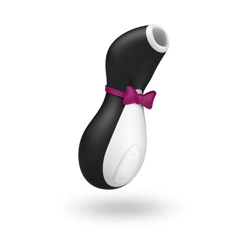 Prodotto a forma di pinguino, bianco e nero con fiocco viola. Un'apertura in alto, un pannello di controllo in basso.