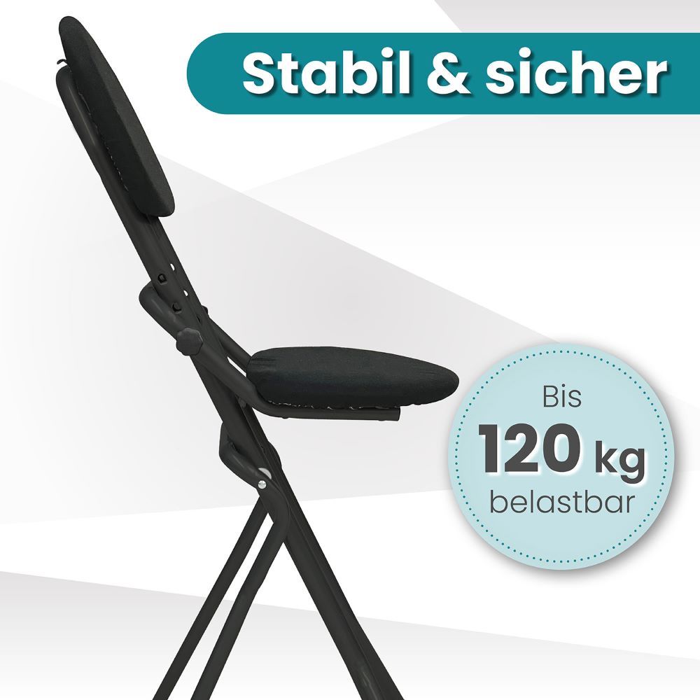 Sitzhilfe, Seitenansicht. Text: "Stabil & sicher". Belastbarkeit: Bis 120 kg.