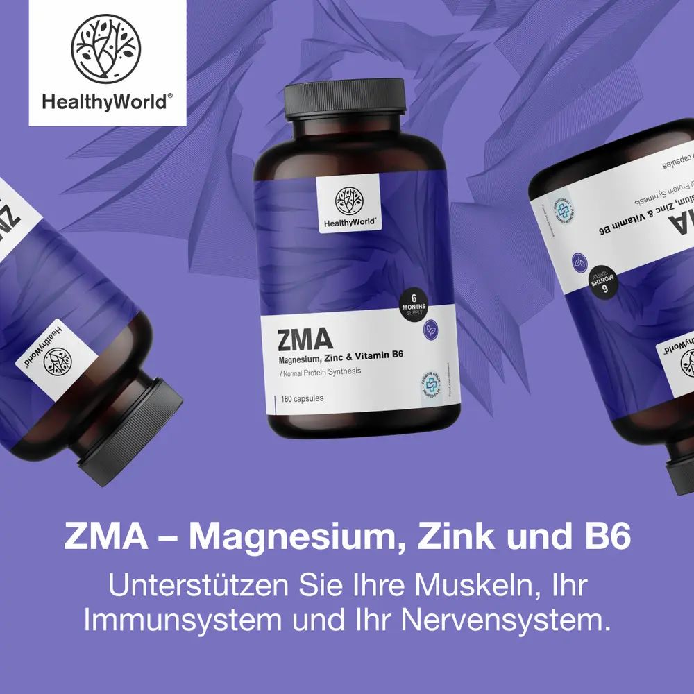 Drei ZMA-Flaschen. Text: HealthyWorld, ZMA, Magnesium, Zink & Vitamin B6, 180 Kapseln. Unterstützt Muskeln, Immunsystem und Nervensystem.